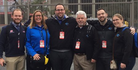 The Music Travel Team at the Rose Bowl. L to R Andrew Moran, Nancy Reichmann, Michael Gray, Chuck Kubly, Chris Forsythe and Vice Wielosinski