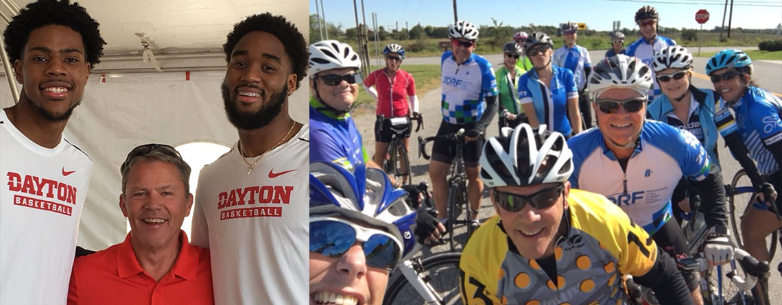 Paul Labbe with a couple of the Dayton Flyers men's basketball players (left), and Paul with the JDRF Southwest Ohio bike team which raises funds for T1D (right).
