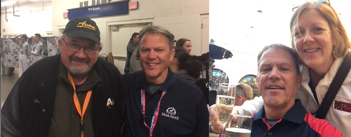 Paul with a friend doing volunteer work with BOA at Grand Nationals (left), and Paul and his wife, Jan, toasting to the Dayton Flyers men's basketball team (right).