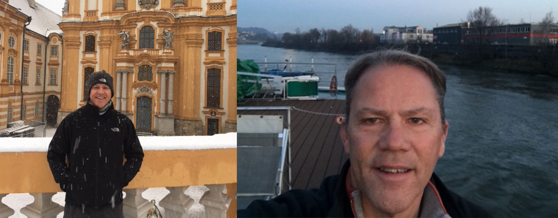 Paul in front of a European church. Paired with Paul on a Barge or canal boat.