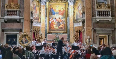 The Avon High School Orchestra from Indiana performs for a packed house in Rome at the Oratory of San Francesco Saverio del Caravita.