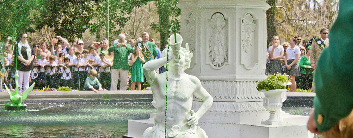 The Greening of the Fountain in historic Forsyth Park symbolizes how the entire City “turns green” in support of the upcoming Parade. 
