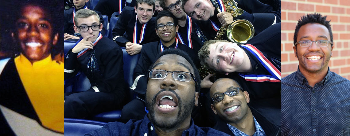 From left to right: Young Keiron Miles in band at Sprayberry High School, selfie with Avon High School after Gand Nats 2014, and Keiron today.