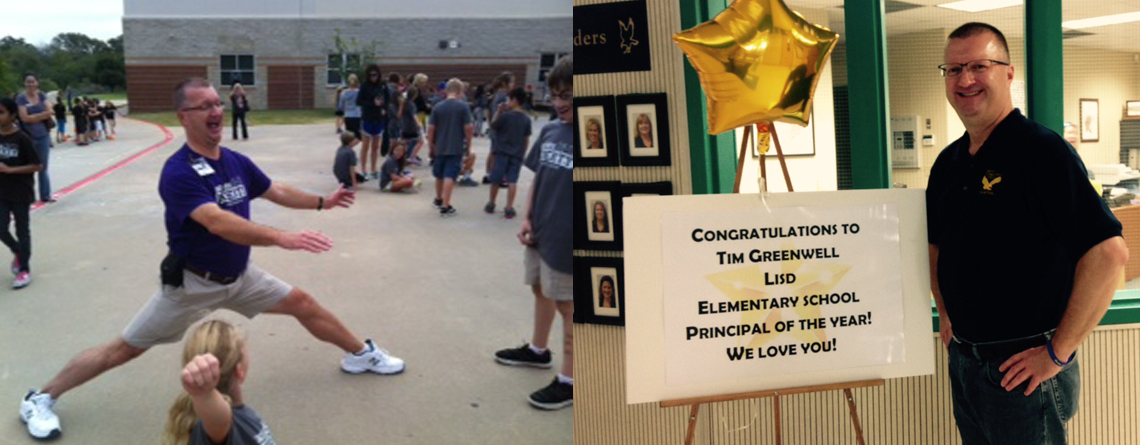 Tim testing his flexibility (left) and Tim receiving the District Elementary School Principal of the Year (right).