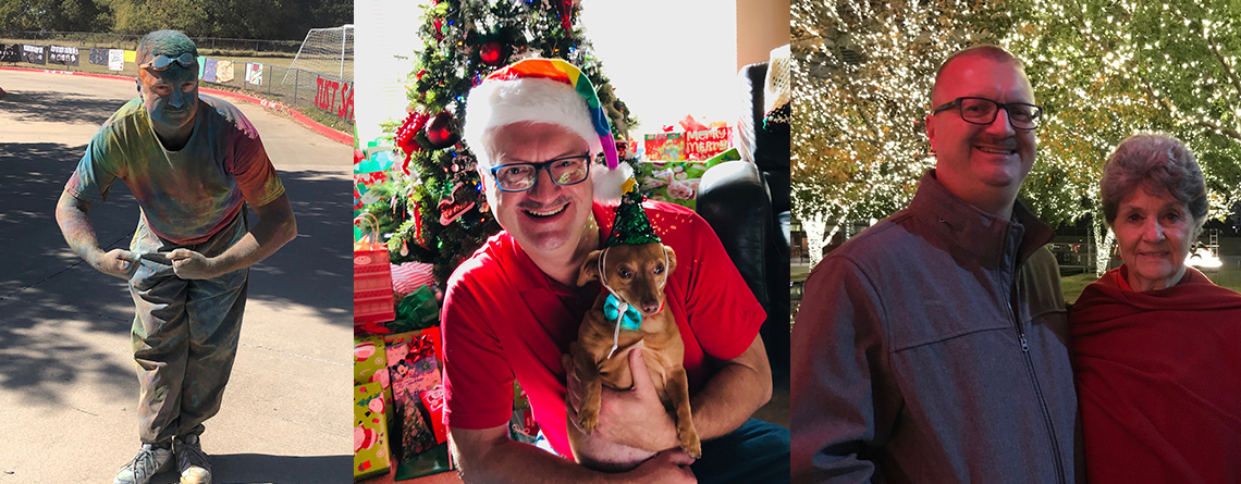 Left: Color run participant at Tim's school. Center: Christmas with Tim's dog, Sophie. Right: Christmas time with Tim and his mother.