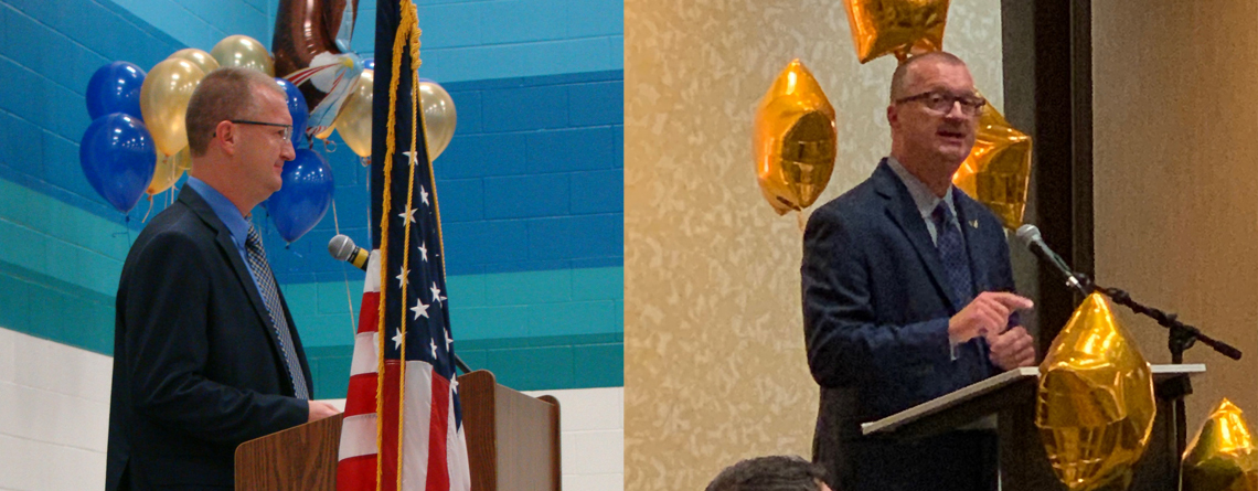 Tim speaks at a campus promotion ceremony (left) and Tim presenting at a district PTA event (right).
