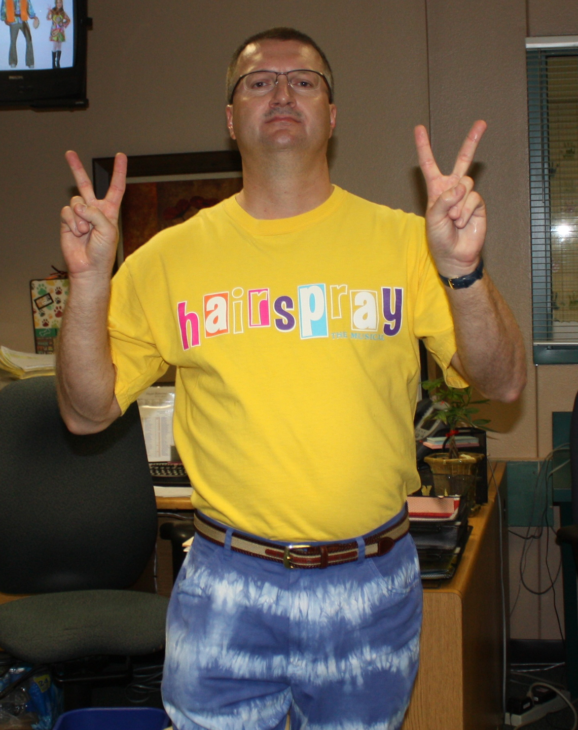 Tim won’t miss an opportunity to show his school spirit. A Hairspray t-shirt and tie-dye pants completed his “Groovy Day” outfit.