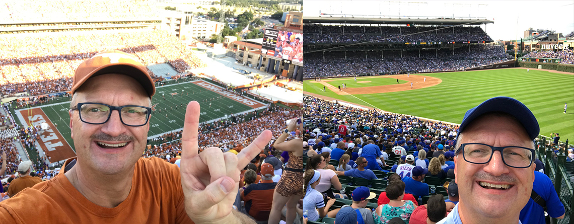 Left: Tim cheering on the Horns. Right: A beautiful day in Wrigley Field supporting the Chicago Cubs.