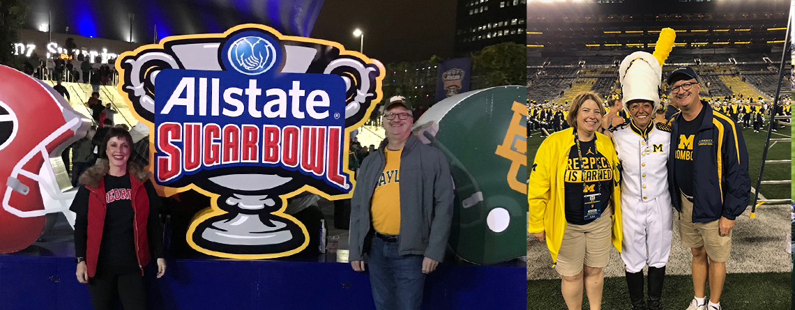 Left: Tim attending the 2020 Allstate Sugar Bowl. Right: Greenwell on the field with leaders of the Michigan Marching Band from the University of Michigan.
