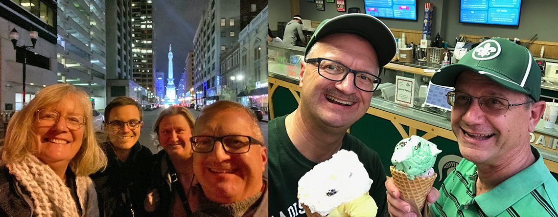 Left: MTC on the road in Indianapolis for BOA Grand Nationals. Sue Guindon, Jacob Powell, Bobbie Ritz and Tim Greenwell served as the Tour Director team for the Claudia Taylor Johnson HS Marching Band. Right: Grabbing some much needed cooling ice cream on a DCI weekend. Go Scouts!