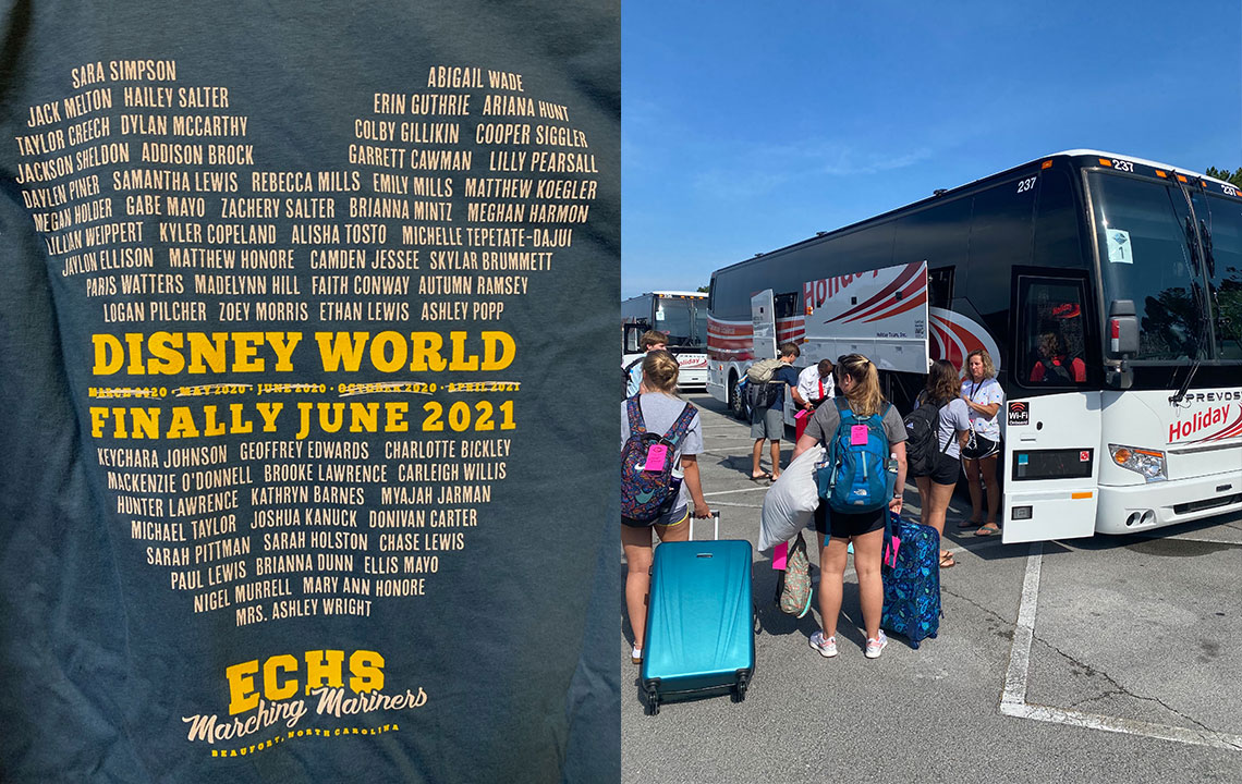 Trip T-shirt with all cancelled dates crossed out (left), East Carteret HS Mariner Band ready to board the busses for Orlando (right)