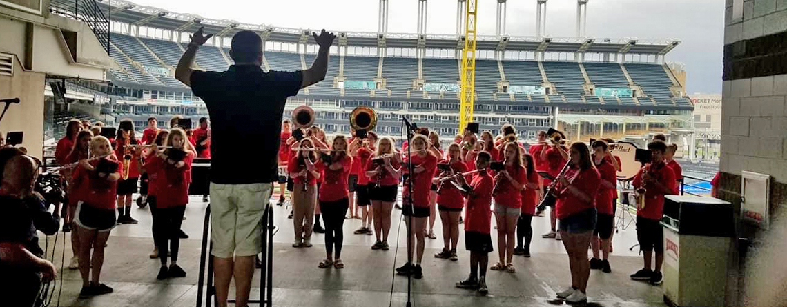 Taylor HS Band (IN) records the national anthem in Progressive Field