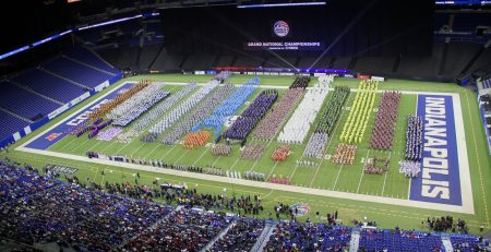 Overhead view of bands lined up on the field of Lucas Oil Stadium before Grand National Championships finals awards