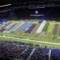 Overhead view of bands lined up on the field of Lucas Oil Stadium before Grand National Championships finals awards