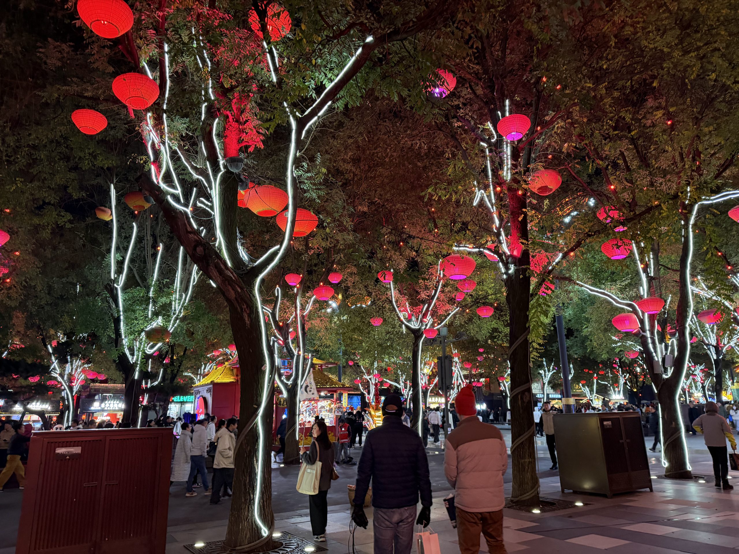 Trees with red lanterns in a busy pedestrian area