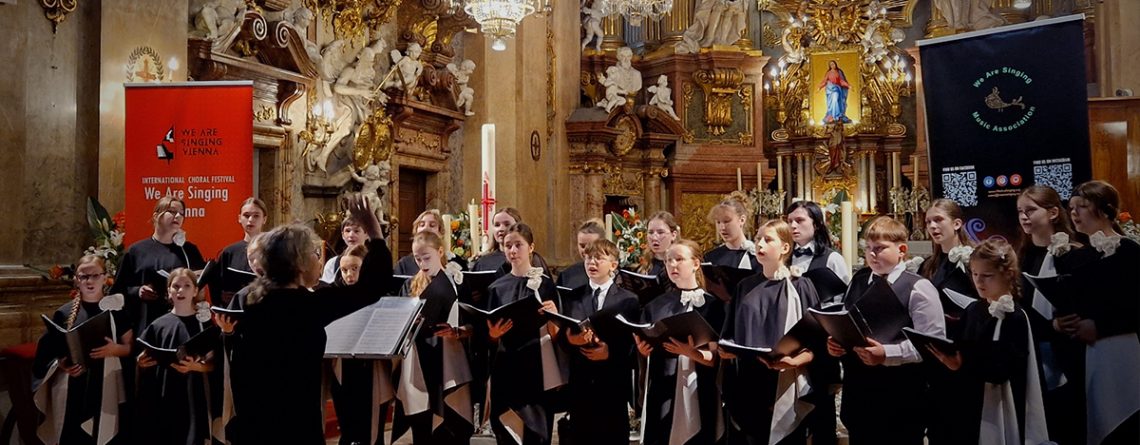 choir students singing with an ornate background