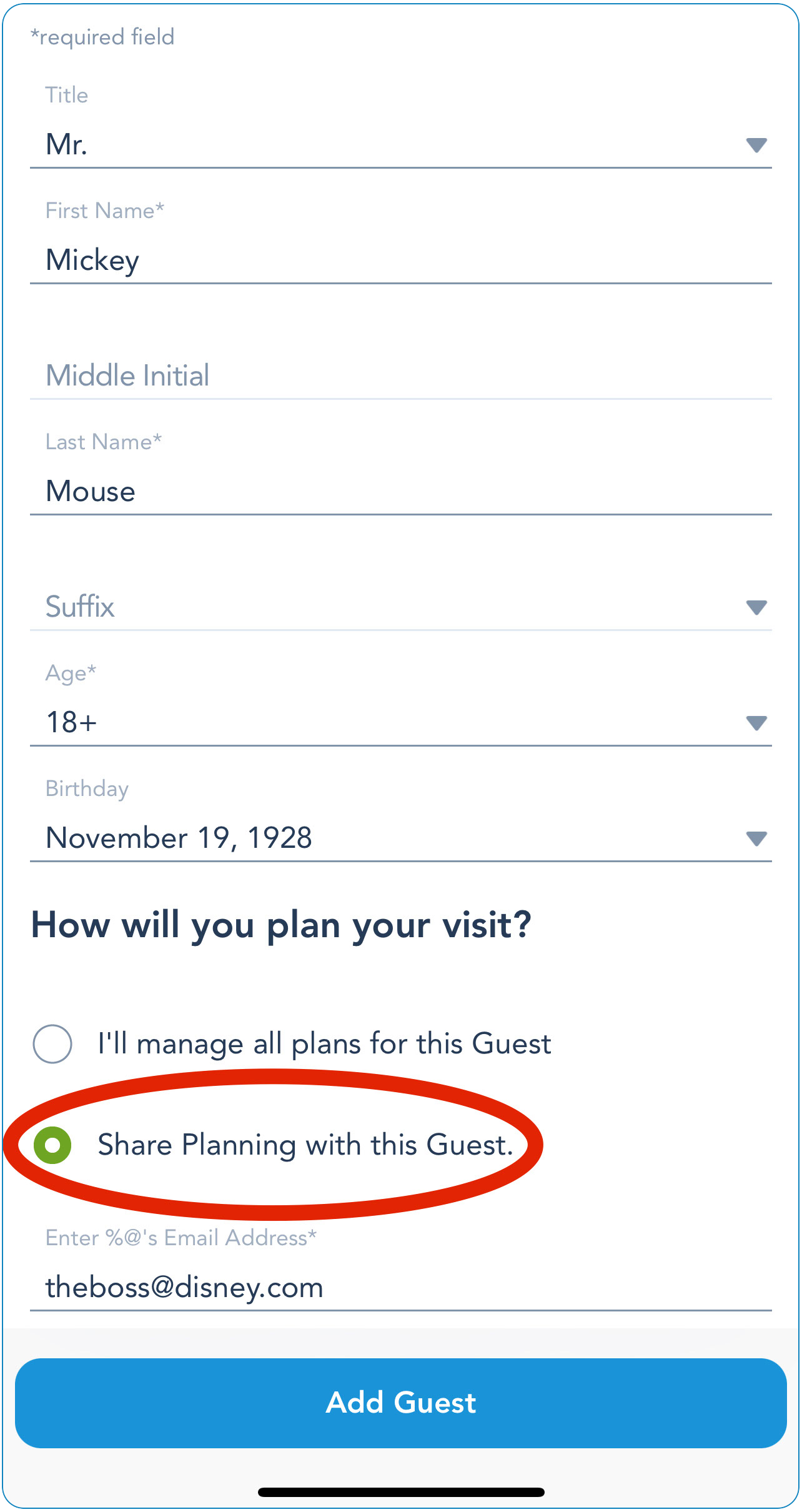 MyDisneyExperience Enter Guest Information