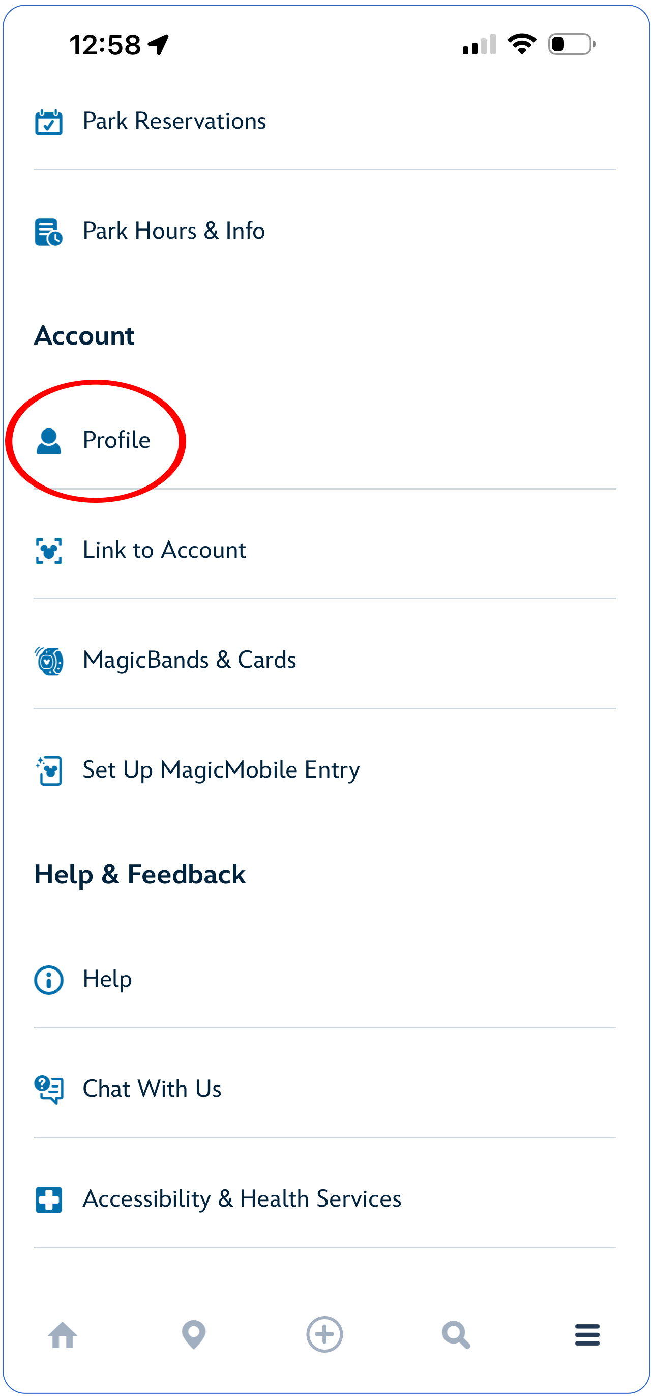 Select Profile in MyDisneyExperience